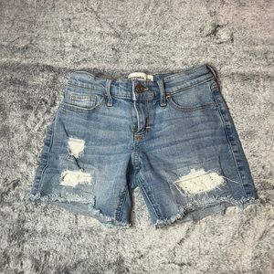 high rise denim shorts- Medium-Dark Wash